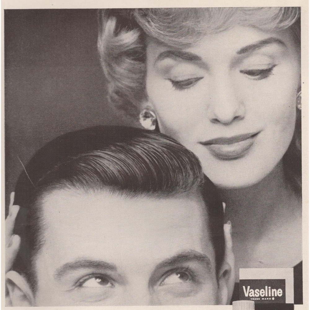 Vintage 1960 Vaseline Hair Tonic Mid Century Men's Grooming Romance Print Ad